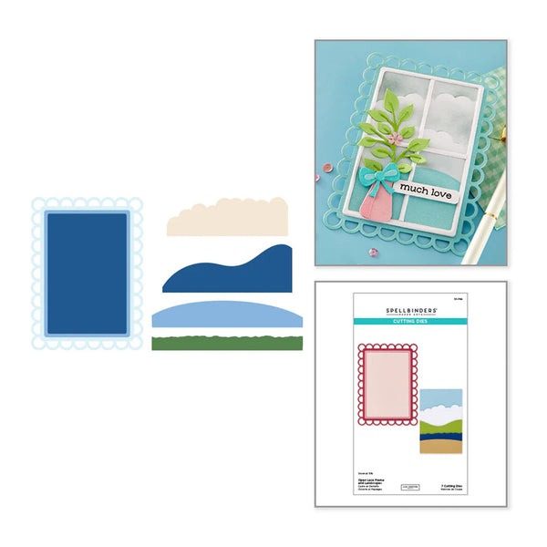 Set of craft supplies including frames and a card with decorative elements on a white background.