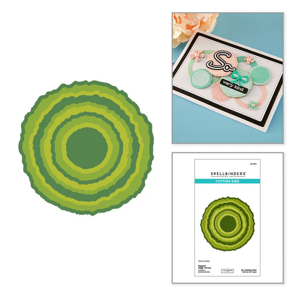 Green circular craft die cut, a card with decorative elements, and a Spellbinders product sheet on a white background.