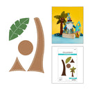 Set of tree-shaped craft pieces with a gnome and palm tree decoration on a yellow background.