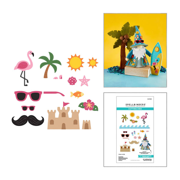 Set of die-cut shapes with a gnome, palm tree, flamingo, and more, on a white background.