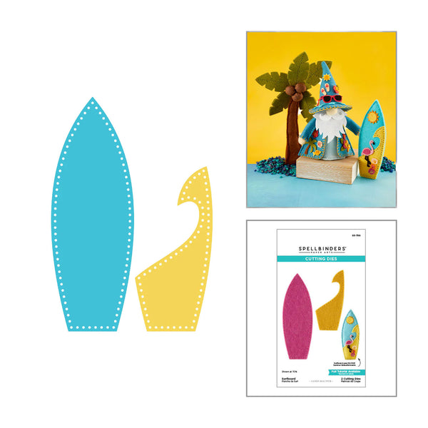 Two cut-out shapes resembling surfboards, a gnome figure with a surfboard, and a Spellbinders die-cutting guide on a white background.