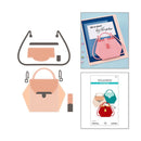 Set of handbag cutting dies with a card and Spellbinders product sheet on a white background