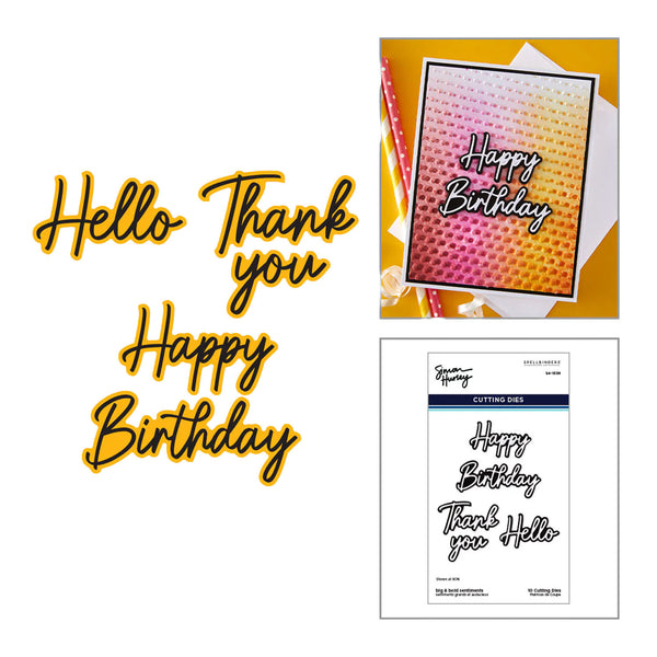 Greeting cards with 'Happy Birthday', 'Thank you', and 'Hello' text on a white background.