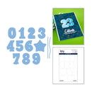 Set of blue numbers and letters with a green card and white sheet on a white background