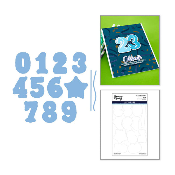 Set of blue numbers and letters with a green card and white sheet on a white background
