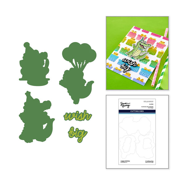 Green cutout shapes with 'wish big' text, a card with a dinosaur design, and a cutting dies package on a white background.