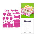 Set of pink cut-out shapes and a green box with a card on a white background