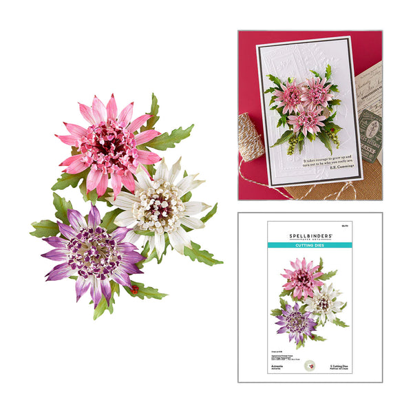 Floral cutting dies with packaging and a card featuring the design on a white background.