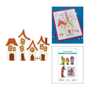 Set of house-shaped cutouts with a card and pattern sheet featuring similar designs on a white background.