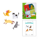 A collage showing several illustrated cats in different poses alongside a decorated Christmas card and a package labeled Spellbindery Cat Cards.
