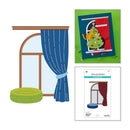 A craft kit illustration showing a window with blue curtains, a green round cushion, and a colorful Christmas tree garland, alongside a package insert and a printed pattern sheet labeled 'SPELLBOUND Crafting Book'.