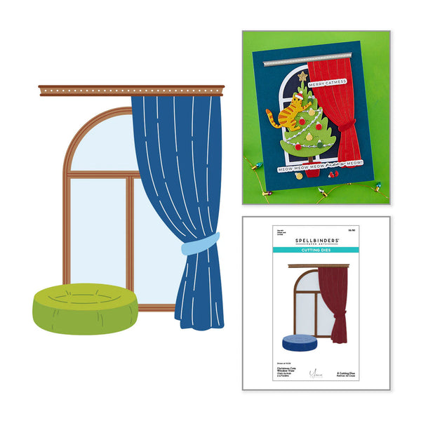 A craft kit illustration showing a window with blue curtains, a green round cushion, and a colorful Christmas tree garland, alongside a package insert and a printed pattern sheet labeled 'SPELLBOUND Crafting Book'.