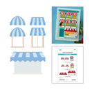 Set of miniature striped canopies with a patterned paper and instruction sheet on a white background