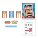 Set of paper cutout window designs and a cutting guide on a white background