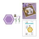 Card-making kit with hexagonal die, bee, lavender, and a card with text and bee design on a white background.