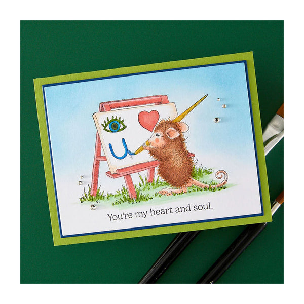 Card with a cartoon mouse painting 'You're my heart and soul' on a blue background