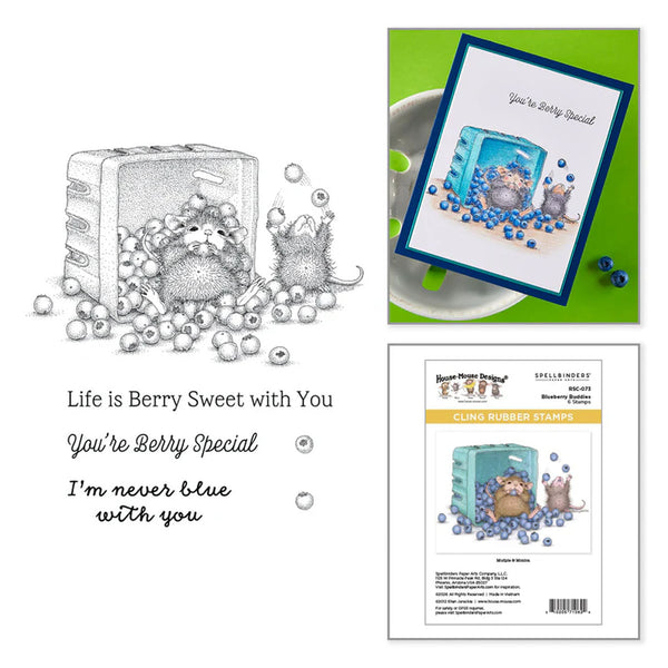 Collage of berry-themed products including a rubber stamp set and a card with cartoon characters.