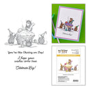 Set of rubber stamps with cartoon mice and text, including a card and packaging.