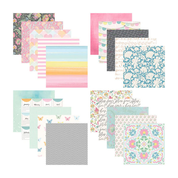 Collection of various patterned paper sheets on a white background