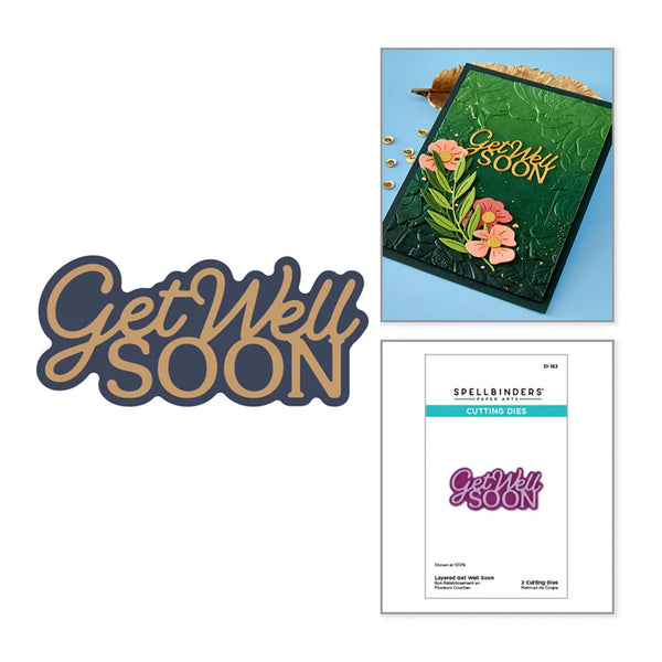 Get Well Soon card with floral design, decorative cutting die set, and Spellbinders branding.