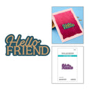 Spellbinders 'Hello Friend' cutting dies with a die-cut card and packaging on a white background.