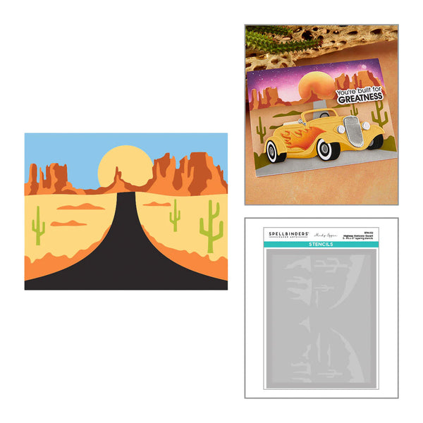 Three items: a desert scene illustration, a car in a desert with text, and a stencil sheet.