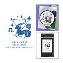 Capricorn zodiac sign with related merchandise on a white background