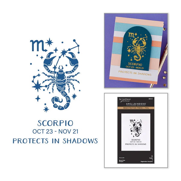 Scorpio zodiac card with constellation illustration and descriptive text on a white background