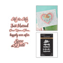 Collage of wedding-themed items including text and a card with a heart design.