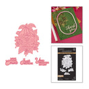 Set of decorative cutting dies, a card with 'thank you' text, and a spellbinders product on a white background.