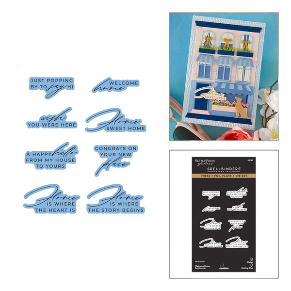 Set of decorative phrases and a die-cut kit on a white background