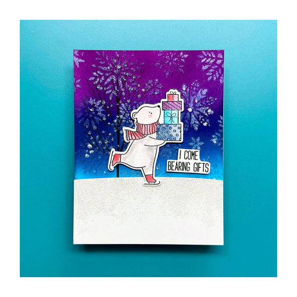 Card with a bear holding gifts against a purple and blue gradient background