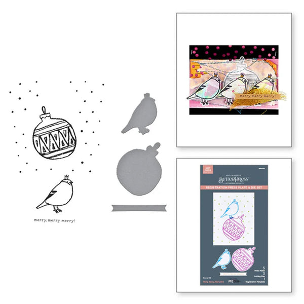 Spellbinders Starry Holiday Press Plate & Die Set By Dina Wakley - Merry, Merry, Merry Bird Registration