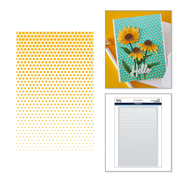 Three items: a sheet with yellow polka dots, a card with sunflowers and 'Hello' text, and a clear stamp set on a white background.
