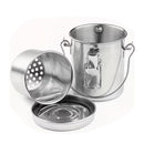 Stainless steel kitchen utensils including a pot, strainer, and lid on a white background