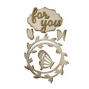 Decorative wooden piece with 'for you' text and butterfly designs on a white background