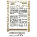 Package of clear stamps with decorative border and text on a white background