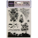 Halloween-themed clear stamps with ghost, spider, bats, and pumpkin design on a white background.