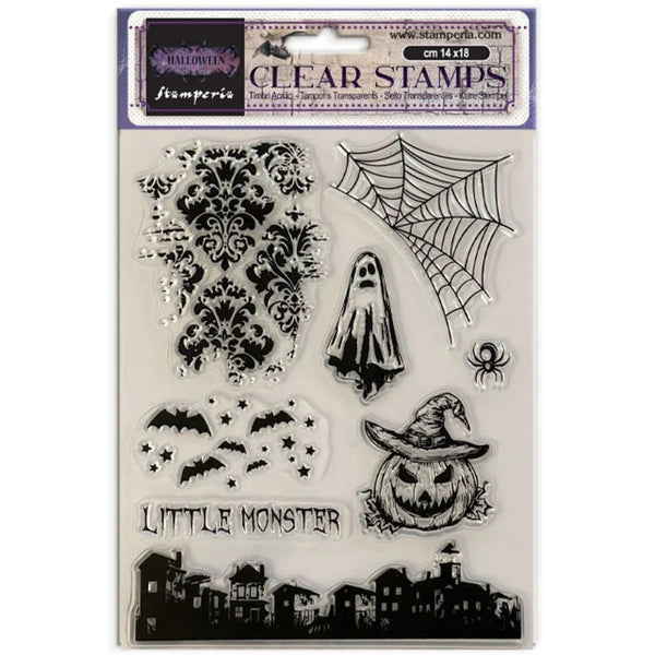 Halloween-themed clear stamps with ghost, spider, bats, and pumpkin design on a white background.
