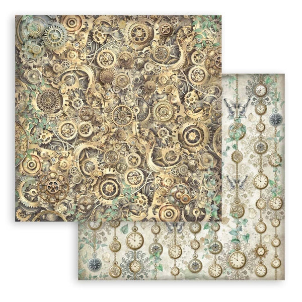 Two sheets of decorative paper with intricate clockwork and mechanical design.