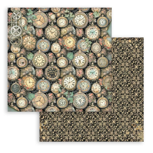 Two sheets of decorative paper with vintage clock and floral pattern.