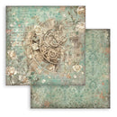 Decorative paper with intricate design featuring gears and roses on a textured background.