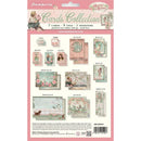 Stamperia House of Roses Cards Collection packaging with various card designs on a pink background.