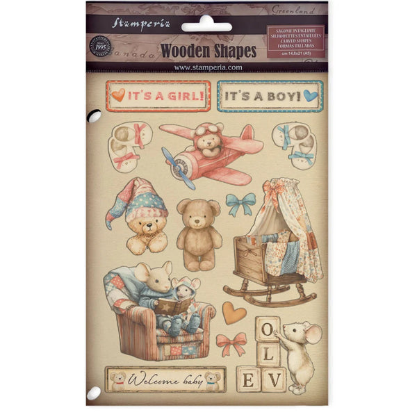 Packaging of Stamperia wooden shapes with baby-themed illustrations on a beige background.