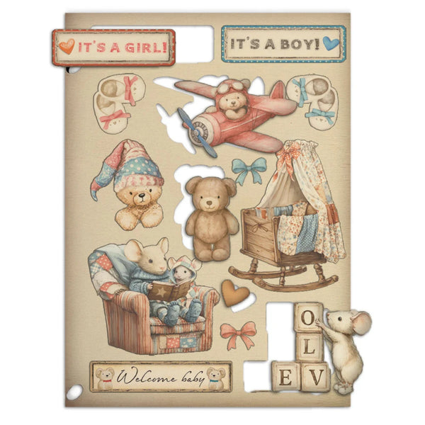 Decorative set with baby-themed illustrations including teddy bears, a rocking chair, and text indicating 'It's a Girl!' and 'It's a Boy!'.