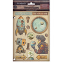 Packaging of Stamperia wooden shapes with vintage-themed designs.
