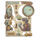 Decorative panel with space-themed elements, robots, and motivational phrases on a beige background.