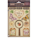 Packaging of Stamperia wooden shapes with nature-themed items including butterflies, a magnifying glass, and text phrases.