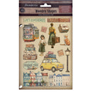 Packaging of Stamperia wooden shapes with travel-themed illustrations on a beige background.