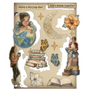 Decorative wall art with illustrations of a woman, books, flowers, and a moon, featuring motivational phrases.